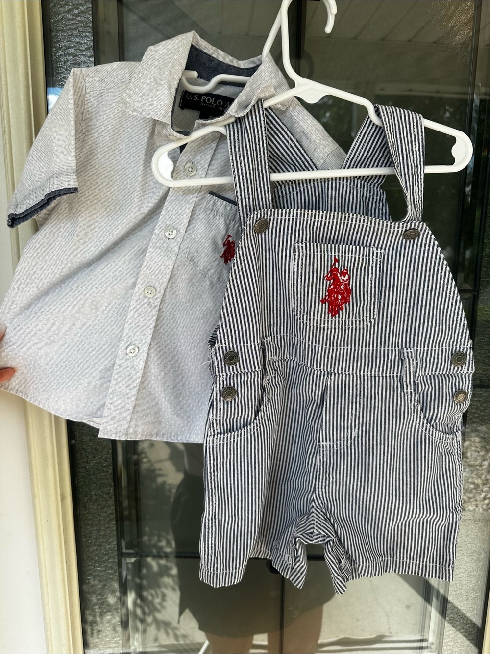 U.S. Polo Assn. Navy & White Pinstripe Overalls with Light Gray Button Shirt